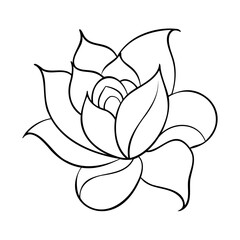 Poster - Outline drawing a stylized flower with layered petals on a floral leaves