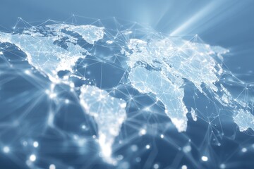 Poster - Digital representation of the world on a light blue background showcasing interconnectedness through technology and global networks