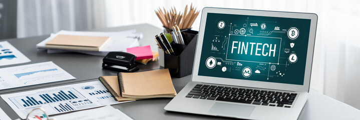 Poster - data analysis dashboard display on laptop screen on office table with financial papers by fintech bi