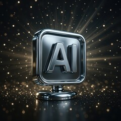 Poster - A striking image showcases a gleaming metal AI symbol with captivating glowing effects on a dark backdrop, radiating innovation.