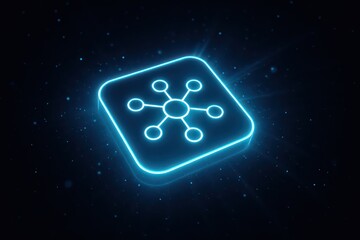 Poster - A futuristic network data symbol radiates an electric blue glow against a dark digital background, signifying connectivity and technology innovation.