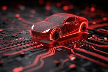 Poster - Futuristic glowing red car hologram displayed on a circuit board with intricate patterns and modern technology elements