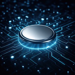 Poster - A high-tech, futuristic image of a metallic button placed on top of a complex circuit board with bright blue light. Evoking a sense of innovation, technology and progress.