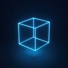 Poster - A glowing neon cube radiates in a celestial background, embodying futuristic design. This image can represent digital technology, geometry, or abstract concepts.