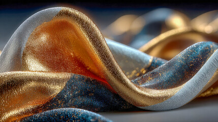 Poster - Close-up of shimmering silky fabric in gold, silver, and blue tones, with glittering texture and soft flowing curves in dramatic lighting