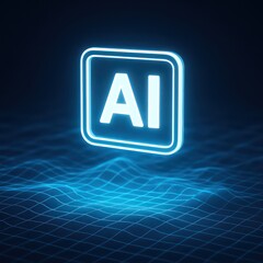Poster - A futuristic digital render of an AI icon glows brightly, suspended against a detailed grid background, symbolizing innovation. The image evokes a sense of technological advancement.
