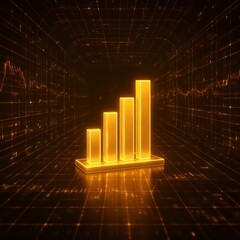 Poster - A vibrant business growth chart, depicted as golden bars, symbolizing advancement and success against a technological backdrop.