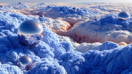 Poster - Shiny reflective balls resting on a fluffy, dreamy landscape of pastel blue and peach textures, resembling surreal micro-world terrain