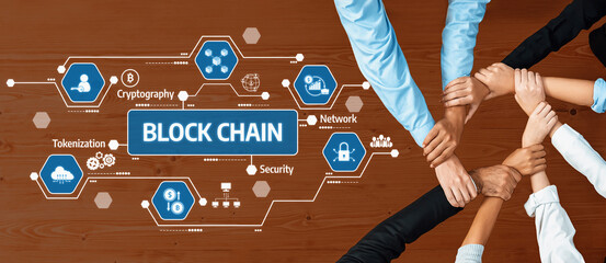 Poster - A dynamic representation of collaboration and technology, showcasing hands united over a blockchain concept featuring security, network, and tokenization symbols on a wooden table. Amity