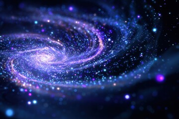 Poster - Swirling magical spiral of glowing particles illuminating the dark cosmic night sky with vibrant hues of blue and purple, creating a mesmerizing astral spectacle
