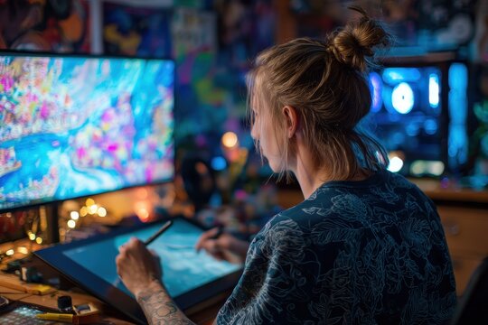 Young man with long hair in a bun creates digital art in a vibrant studio setting filled with colorful visuals and innovative technology during the evening
