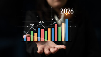 Poster - Business growth forecast highlights increasing trends new year 2026. Growth forecast data, growth forecast strategy, and growth forecast planning are key elements. Latch