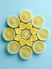 Poster - Lemon Wedges Arranged in a Mandala Design on a Light Blue Surface With Open Space at the Top Margin
