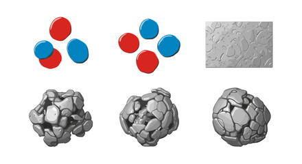 Poster - Illustration showing red and blue ovals in clusters with stone textured shapes and a square block