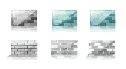 Poster - Six watercolor style brick walls in shades of gray and blue with reflective surfaces on a white background