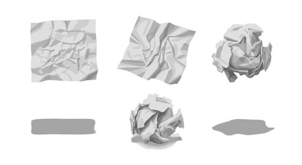 Poster - Collection of crumpled paper sheets and paper balls in various shapes and orientations isolated on white