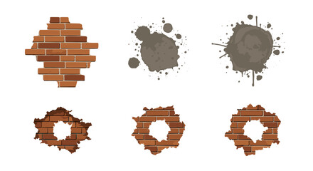 Poster - Illustration of brick wall fragments with holes and gray paint splatters on a white background art