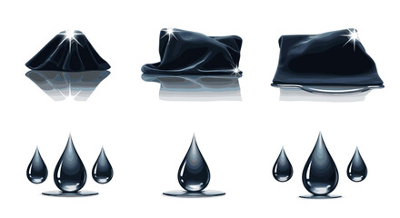 Poster - Illustrative display of draped fabric and liquid droplets with reflective surfaces on a white background
