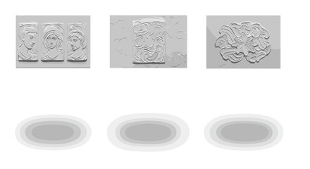 Poster - Three bas relief panels depicting faces and abstract patterns with soft shadow ovals below them