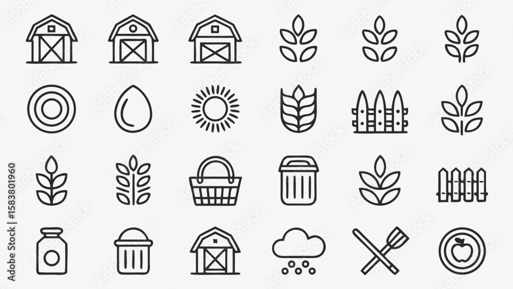 Twenty Seven Minimalist Black Line Art Icons Depicting Farm Barns Wheat ...