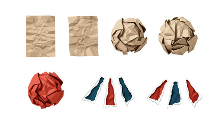 Poster - Arrangement of crumpled paper pieces in various shapes and colors on a white background surface view