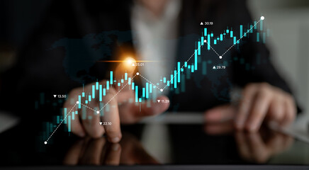 Poster - Stock market analysis with candlestick chart and price movement trend line, highlighting global financial trends, stock trading, and investment strategy insights Latch