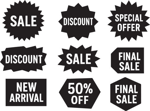 Circle sticker set. Wavy edge promo yellow badges. Star burst shape tags for price. Blank sale stickers. Simple silhouette. Flat vintage labels. Vector Graphic illustration.