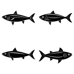 Poster - Four black fish swimming in different directions on a white background in a simple vector illustration
