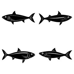 Poster - Four stylized black fish illustrations with varying fin and body markings on a white background