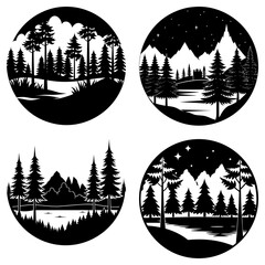 Poster - Four circular scenes showcasing forest landscapes with trees mountains and bodies of water in black and white