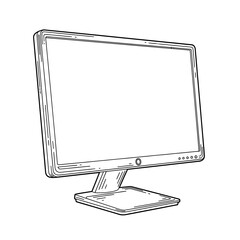 Fototapete - A detailed, black and white line drawing of a computer monitor, angled.