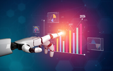 Poster - AI artificial intelligence powers business growth with predictive planning tools, innovation roadmaps, and smart virtual assistants to guide success by 2025. Vouch