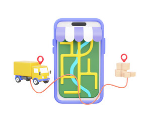 Fototapete - Fast delivery Express cargo truck parcel service shopping address transport GPS mobile map navigation on isolated background. Red pointer destination logistics concept. 3d render illustration