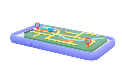 Fototapete - Express cargo truck address fast delivery transport GPS mobile map navigation icon on isolated background. Digital technology red pointer destination logistics concept. 3D rendering illustration