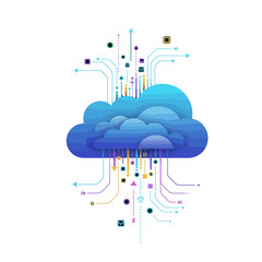 Fototapete - Abstract cloud illustration with connected data streams and digital icons on a white background.