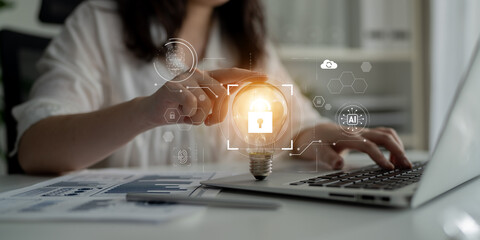 Poster - AI cyber security system using biometric authentication and privacy control. Cyber security protects identity, cybersecurity detects threats, cybersecurity ensures safety, and secures data. Latch