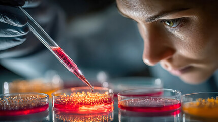 Poster - Focused female laboratory scientist wearing safety glasses and gloves, precisely dripping bright orange liquid into a petri dish, emphasizing scientific research and biotechnology