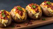 © MdMamun - Delicious twice baked potatoes with cheese and bacon on a wooden board