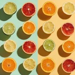 Poster - Vibrant Citrus Fruits Arranged in a Geometric Pattern on Soft Pastel Backgrounds, Creating a Visually Appealing Display of Color and Texture