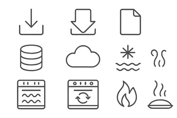 Fototapete - Versatile line icon collection. Download, upload arrow, file, data server, cloud technology. Oven cooking modes, heat, convection, steam, fire, defrost pictogram set.