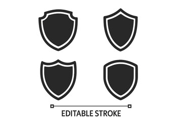 Poster - Set of 4 flat silhouette icons of protective shields. Knightly military shield insignia of different shapes. Vector elements with editable stroke for security and safety.