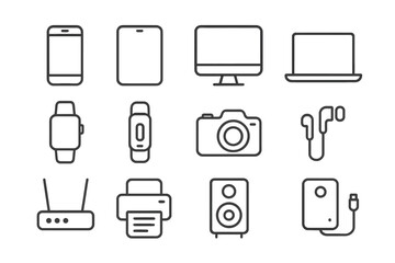Fototapete - Electronic devices line icon set. Smart mobile gadgets collection. Computer, laptop, phone, tablet, watch, camera, speaker for web and UI design. Outline vector icons.