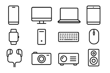 Fototapete - Electronic devices line icon set. Smart gadgets, computer, laptop, phone, tablet, watch, camera, projector, speaker. Technology outline vector icons in linear style.