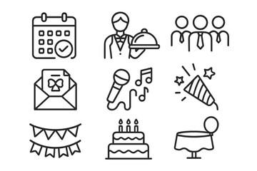 Aufkleber - Event planning and celebration line icon set. Thin outline pictograms for party organization, catering, invitation, entertainment, decoration, birthday, and holiday themes.