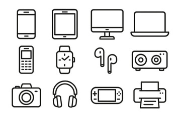 Aufkleber - Electronic devices line icon set. Smart mobile gadgets like computer, laptop, phone, tablet, watch, speaker, camera, headphones. Technology outline vector icons linear style.
