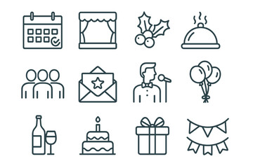 Fototapete - Event planning and celebration line icon set. Outline icons for party organization, holiday, catering, invitation, entertainment, decoration. Vector graphic elements.