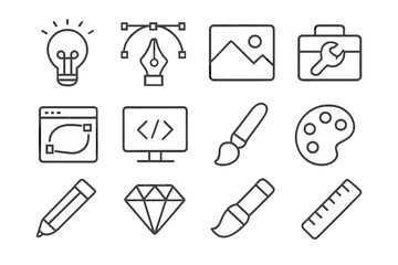 Fototapete - Graphic design line icon set. Creative process and art tools. Vector pictograms for web and app design. Includes pen tool, code, paintbrush, palette, idea lightbulb.