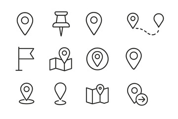 Aufkleber - Map pin line icon set. Location, push pin, and map marker for geolocation. Vector icons for route, flag, position, GPS, and address. Outline linear style graphic symbols.