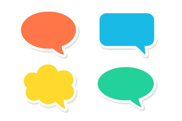 Poster - Set of colorful speech bubble stickers. Vector illustration of chat box, message balloon, and dialogue cloud icons for communication, social media, and web design elements.