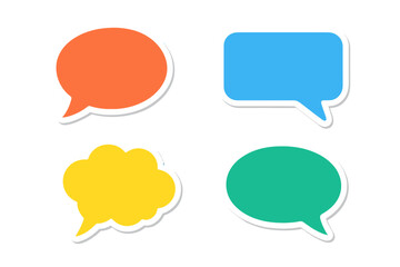 Poster - Colorful sticker speech bubbles vector set. Chat message icons for communication, dialogue, or comics. Blank flat design thought bubbles isolated on transparent background.